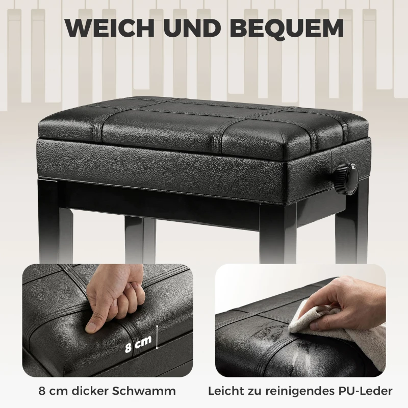 HOMCOM Klavierbank mit versteckten Stauraum, Sitzhocker, höhenverstellbar, Kunstleder, Schwarz