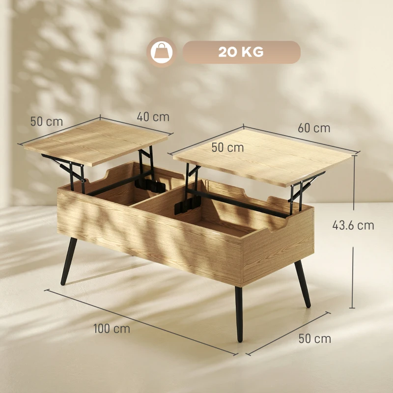 HOMCOM Masă de cafea rabatabilă cu dublu blat, masă de living cu compartiment ascuns și picioare din metal, lemn natural