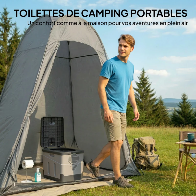 Outsunny Toilette Portable Camping pliable Toilette de camping pour Hommes et Femmes avec 12 packs d'agent 34x29x30 cm gris