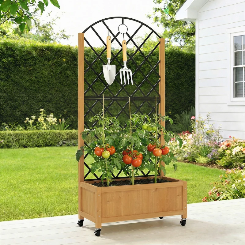 Outsunny Verhoogde plantenbak met metalen gaas, houten plantenbak op wielen, outdoor plantenbak, bruin