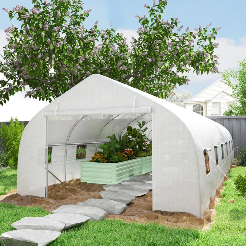 Outsunny Serre de jardin tunnel grande taille avec bâche PE cadre en acier porte enroulable et 12 fenêtres 8 x 3 x 2 m blanc