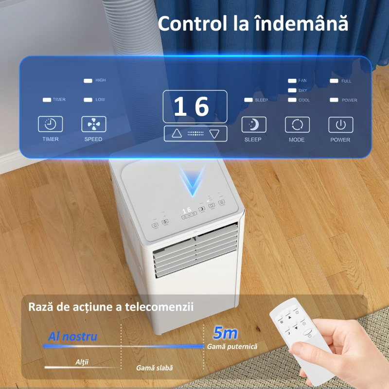 HOMCOM Aparat de Aer Condiționat Portabil 5000 BTU, Unitate 4-în-1: Răcire, Dezumidificare, Ventilator, Modul Sleep