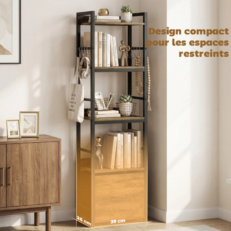 HOMCOM Bibliothèque à 4 niveaux, étagère de rangement étroite avec tiroir, 8 crochets, , 39 x 26 x 136,5 cm, brun rustique