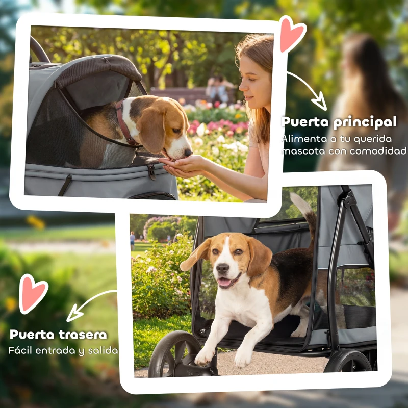 PawHut Carrito para Perros Plegable con 3 Ruedas Ventanas de Malla Cojín Lavable Todo Terreno Carga 20 kg 92x63x95 cm Gris