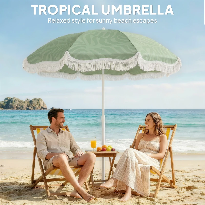 Outsunny 1.8 m Beach Umbrella Parasol with Sand Anchor, Portable Tilting Garden Parasol with Adjustable Height, Green