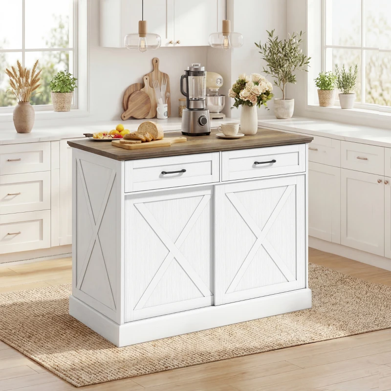 HOMCOM Ilha central de cozinha, buffet de cozinha, móvel de arrumação com 2 gavetas 2 portas deslizantes, prateleira ajustável, branco