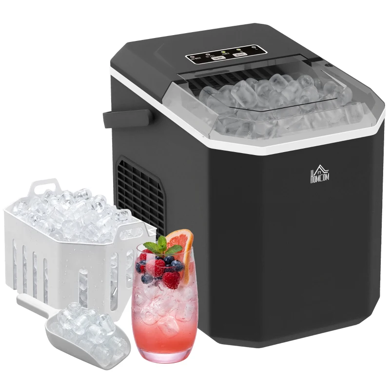 HOMCOM Macchina del Ghiaccio Autopulente da 9 Cubetti in 6-13 Minuti, in PP e Rame, 22.2x29.4x29 cm, Nera