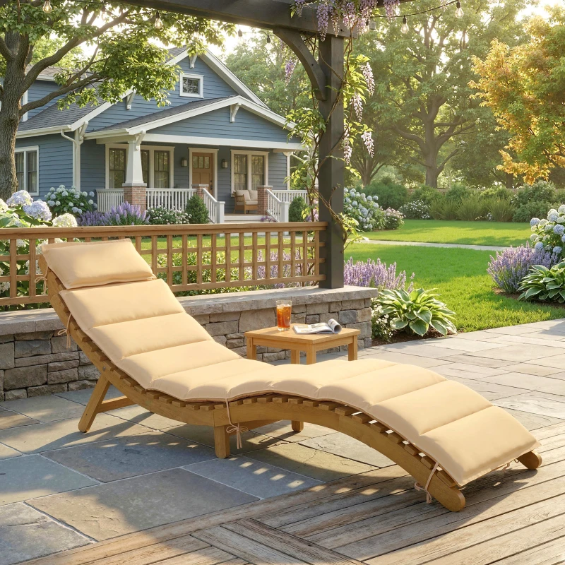 Outsunny Șezlong pliabil rezistent la intemperii din lemn cu tapițerie, suport pentru cap și mâner de transport 183 x 54 x 63 cm, Bej