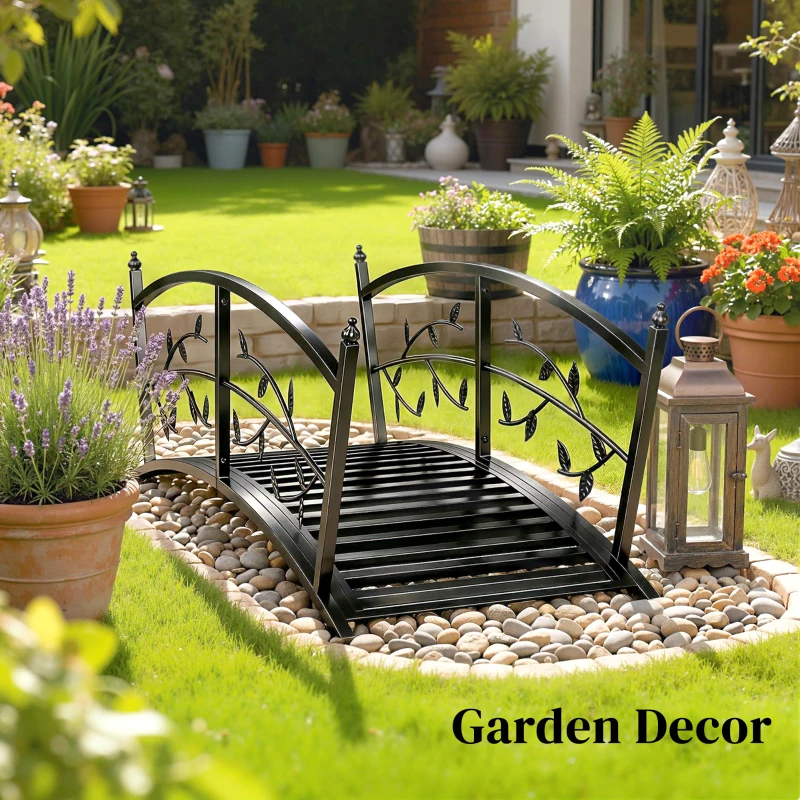 Outsunny Ponte de Jardim Metálica 1,2 m Ponte Decorativa para Lagos com Corrimãos de Segurança e Design de Folhas Preto