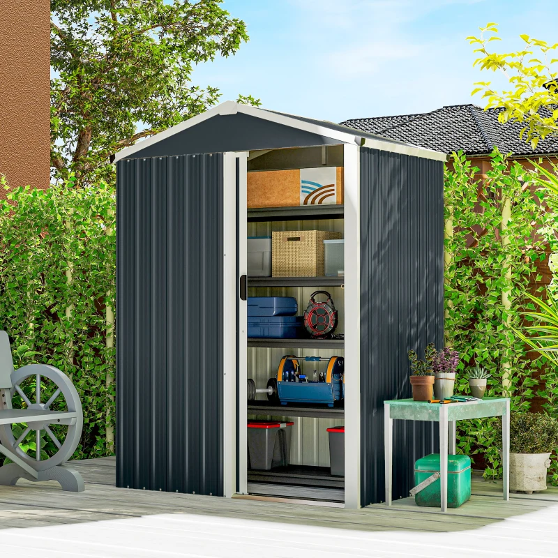 Outsunny Cobertizo de Jardín Exterior 1,1 m² 136x87x179 cm con Puerta Corredera Techo Inclinado y Guantes Gris Oscuro