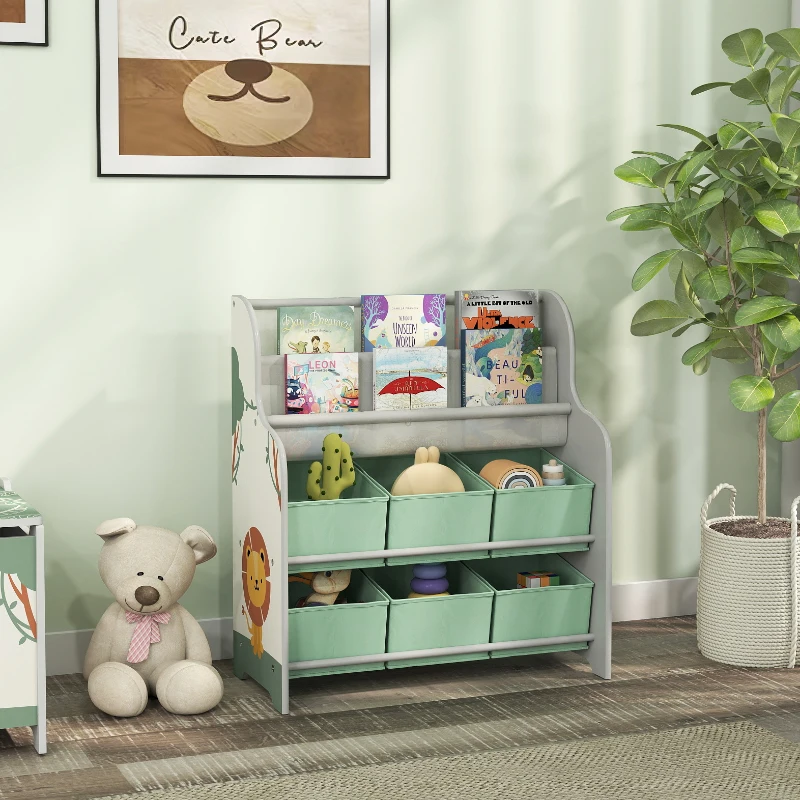 AIYAPLAY Meuble rangement enfant, rangement jouet enfant, 6 tiroirs en tissu et étagère à deux niveaux, 63x30x71cm, vert
