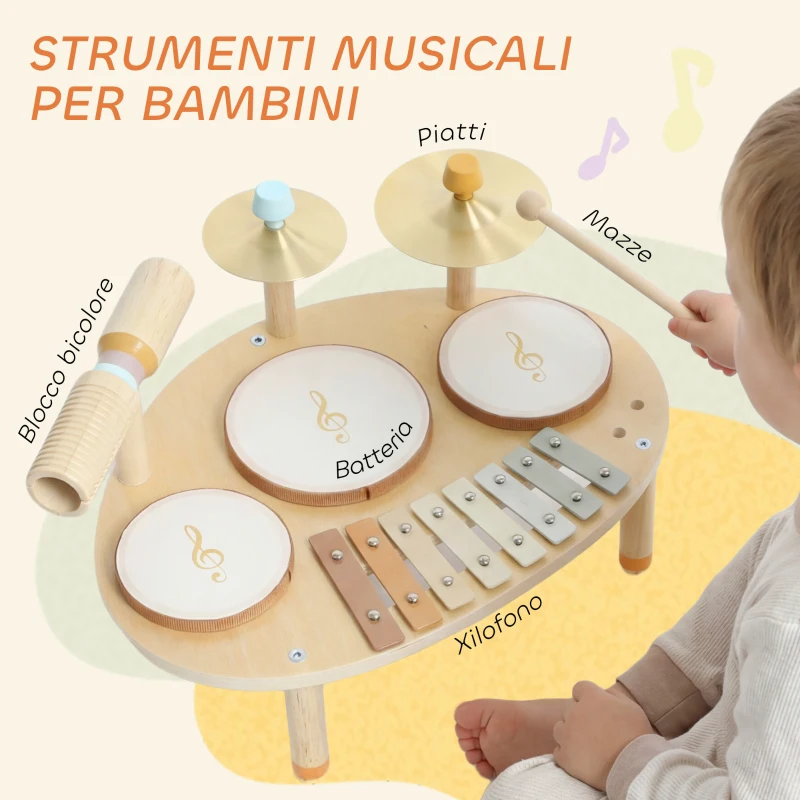 AIYAPLAY Set di Strumenti Musicali per Bambini da 2+ Anni con Tamburi e Xilofono, Colore Legno