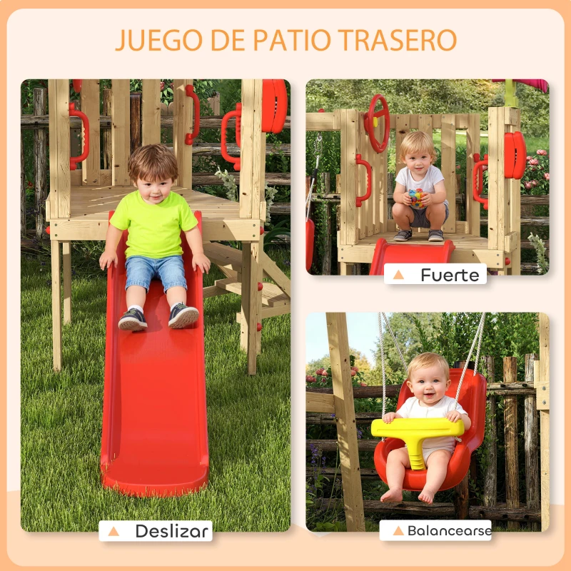 Outsunny Parque Infantil Exterior de Madera con Columpio Tobogán Volante Bocina Teléfono para Patio Césped Rojo y Natural