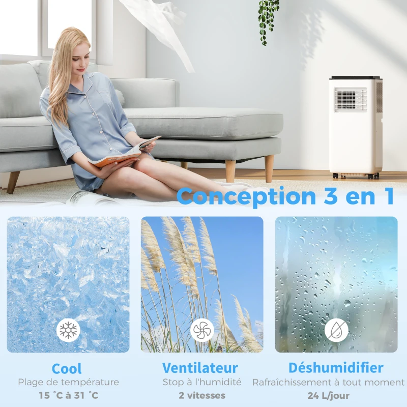 HOMCOM Climatiseur mobile 9000BTU 2,6kW 5 en 1 refroidissement, déshumidificateur, ventilateur, auto, mode nuit, 2 vitesses