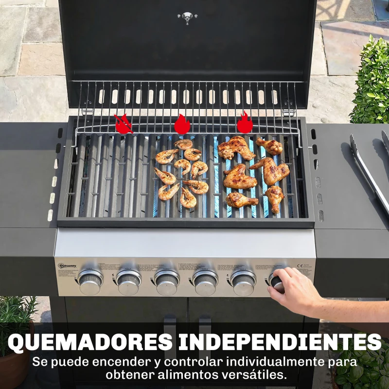 Outsunny Barbacoa de Gas con 6 Quemadores Termómetro Parrilla Mesas Laterales Armario y Ruedas 135x51x101 cm Negro