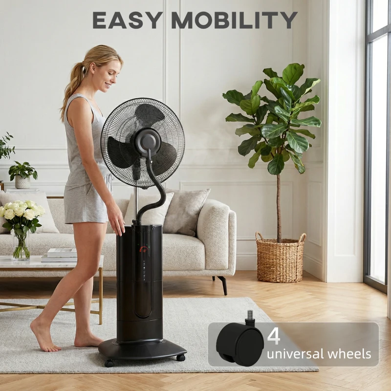 HOMCOM Ventilator de Podea 3 în 1 Oscilant cu Nebulizator de Apă, Telecomandă și Timer 9h, 45x38x130 cm, Negru