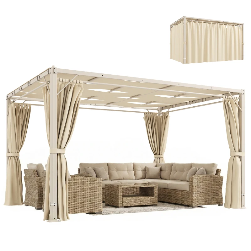 Outsunny Pérgola de Jardín 3x4 m con Protección UPF 50+ Gazebo con Cortinas Estructura de Acero para Sombra Exterior Beige