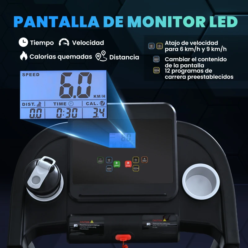 HOMCOM Cinta de Correr para Casa 1-12 KM/H 1,5HP con 12 Programas Ruedas Pantalla LED y Soporte para Móvil para Hogar Oficina