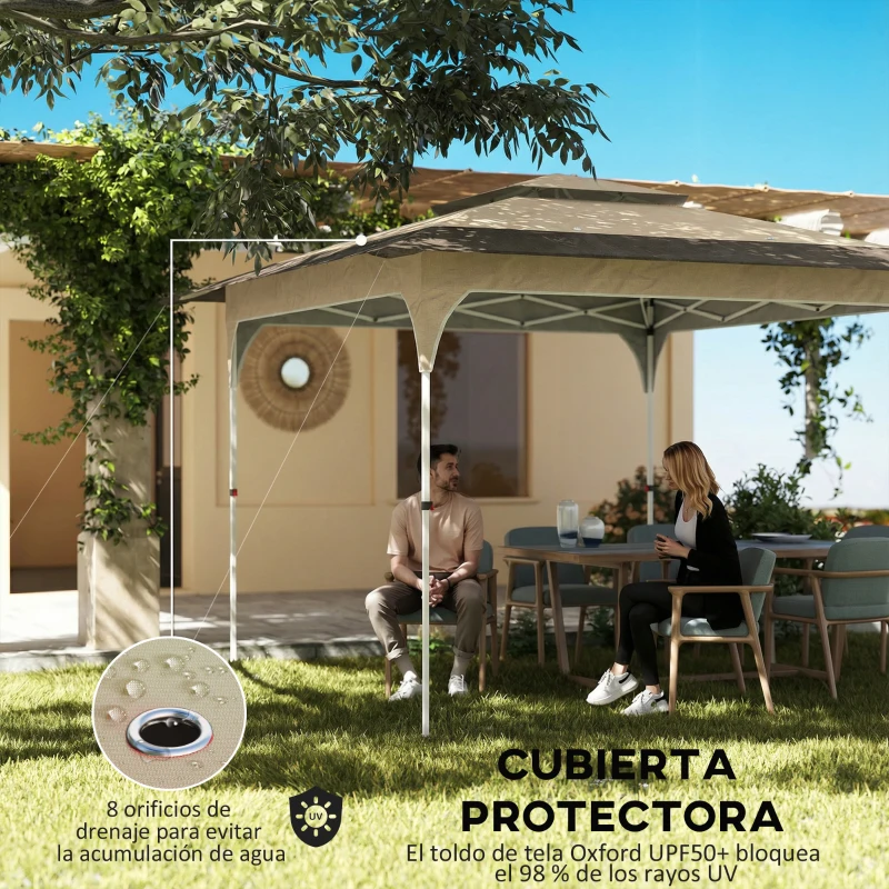 Outsunny Carpa Plegable 3,5x3,5 m Pop-up con Altura Ajustable 3 Niveles Doble Techo Cierre Central y Bolsa UPF50+ Caqui