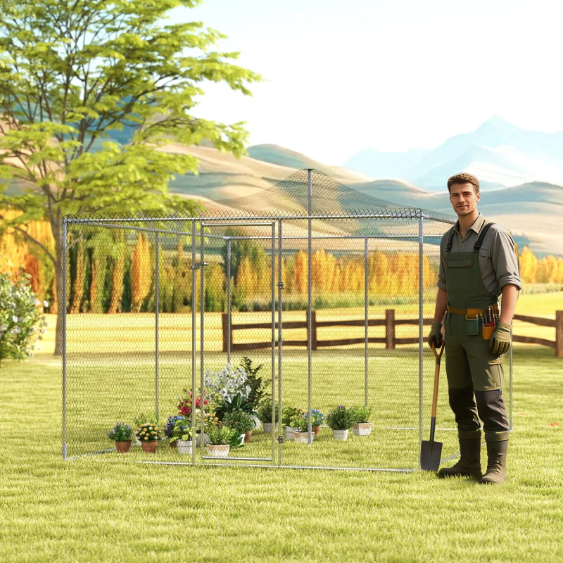 PawHut Țarc pentru Găini de Exterior, 4x3x2m 12㎡ Adăpost pentru Găini din Oțel Galvanizat cu Acoperiș Impermeabil Anti-UV și Închidere Dublă, Coteț pentru Păsări, Animale Mici, Iepuri și Rațe