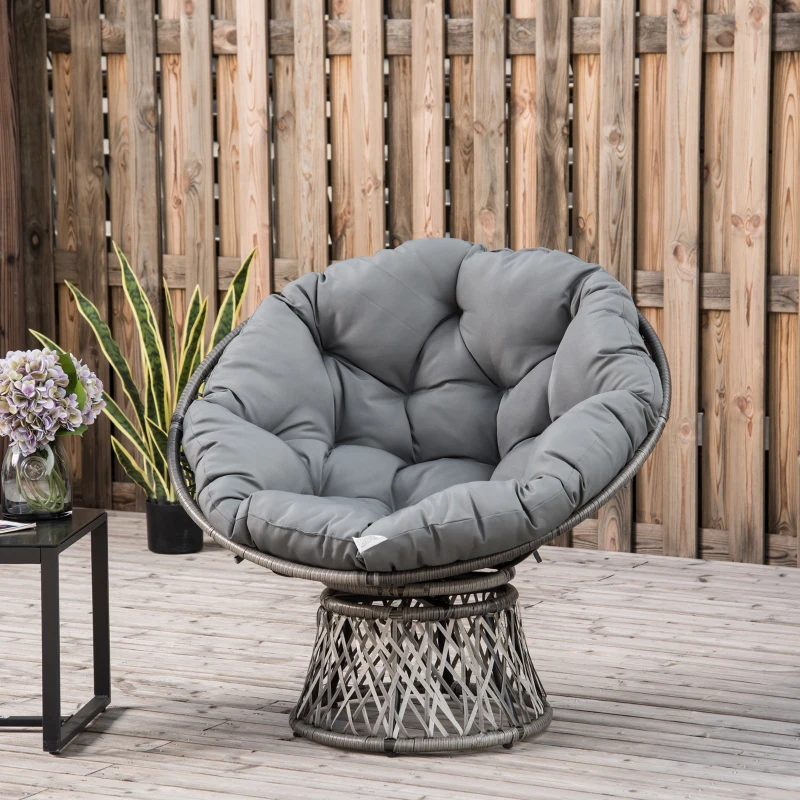 Outsunny Fauteuil rond de jardin fauteuil papasan pivotant grand confort Ø 97 x 86H cm grand coussin fourni polyester résine tressée gris
