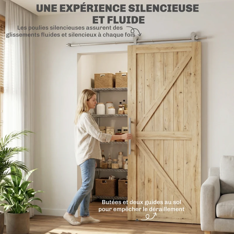HOMCOM 152CM Quincaillerie porte coulissante de grange, rail porte coulissante de 76 cm de large, épaisseur 30 mm, argenté