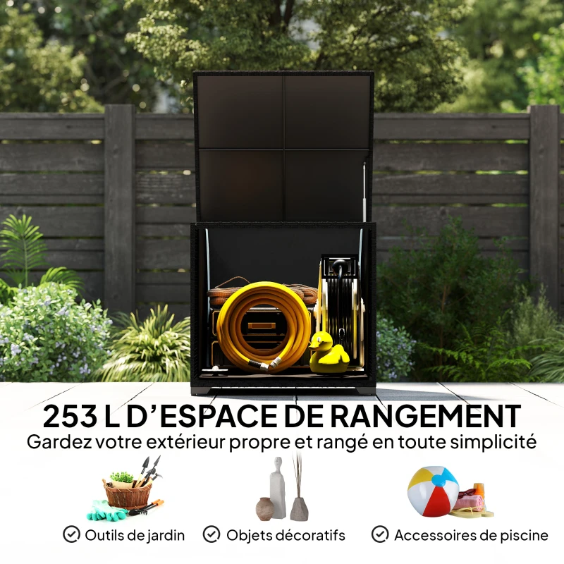 Outsunny Coffre de jardin en résine tressée coffre de rangement extérieur 253 L imperméable avec doublure zippé 72x72x70cm noir