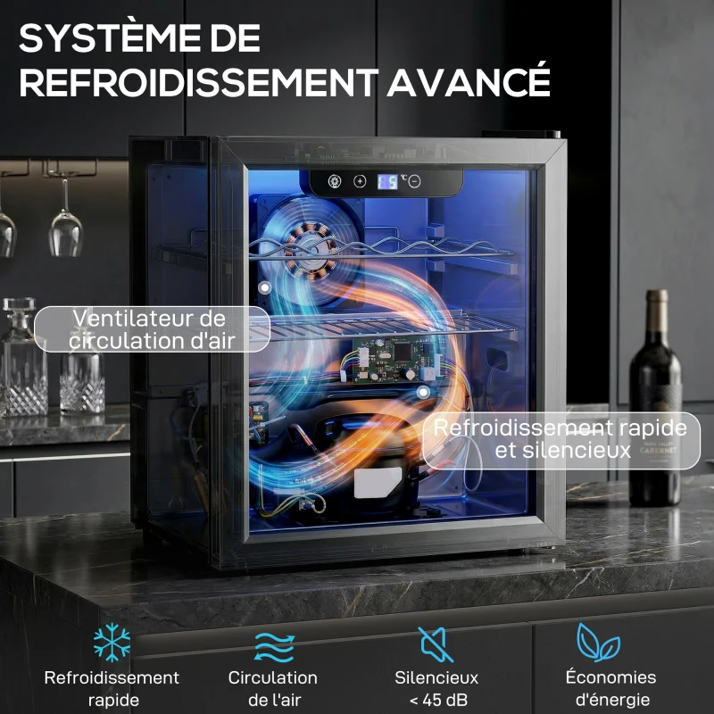 HOMCOM Cave à vin 12 bouteilles 36L, réfrigérateur à vin et boissons avec température réglable 4-16 °C, porte réversible, noir