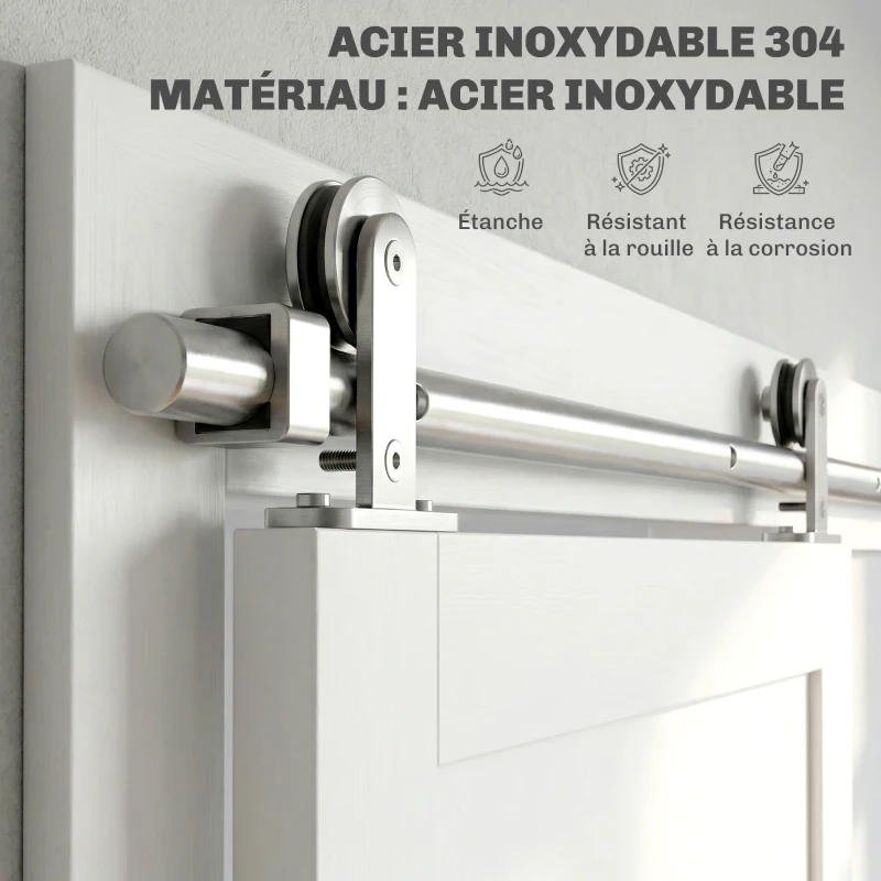 HOMCOM 152CM Quincaillerie porte coulissante de grange, rail porte coulissante de 76 cm de large, épaisseur 30 mm, argenté