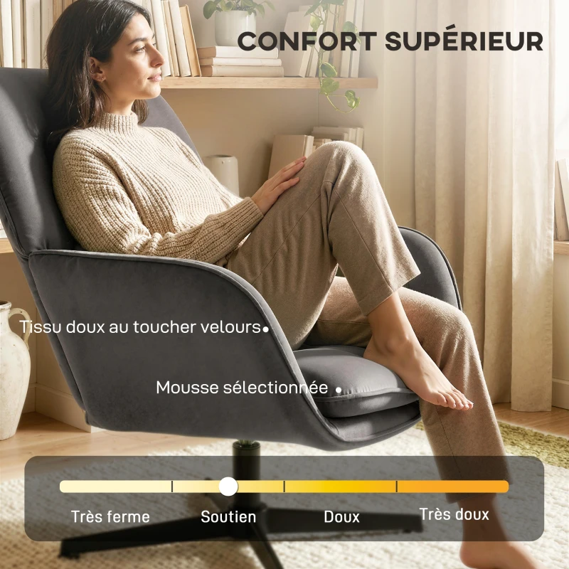 HOMCOM Fauteuil salon, fauteuil d'appoint rembourré en velours avec large assise, coussin et structure en métal, gris foncé