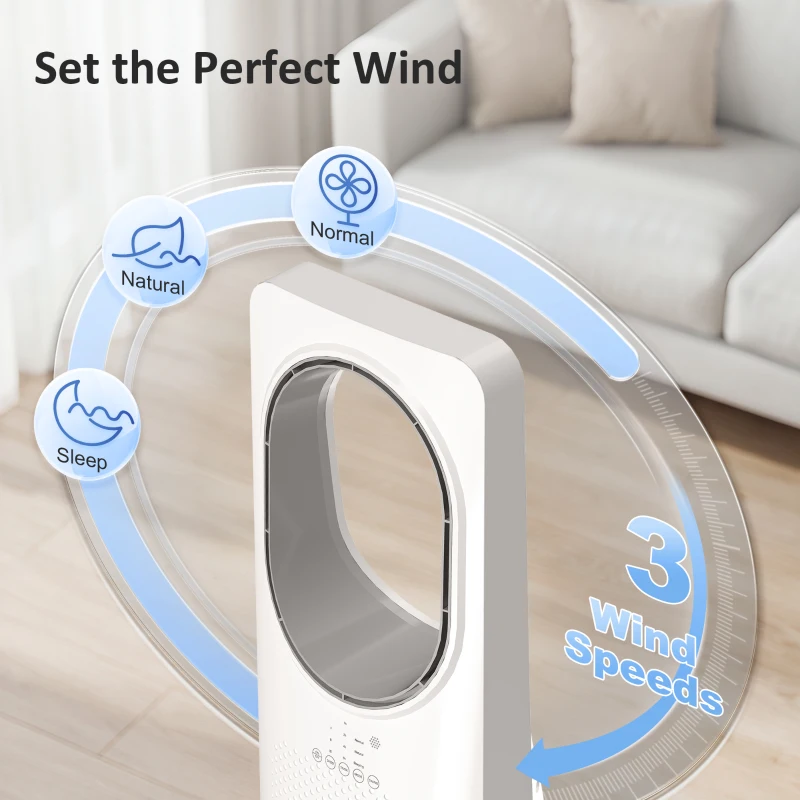 HOMCOM Bladeless Turmventilator für Schlafzimmer, 36 dB Standventilator mit 45° Oszillation, 3 Geschwindigkeiten, 3 Modi, 15-Stunden-Timer, Weiß