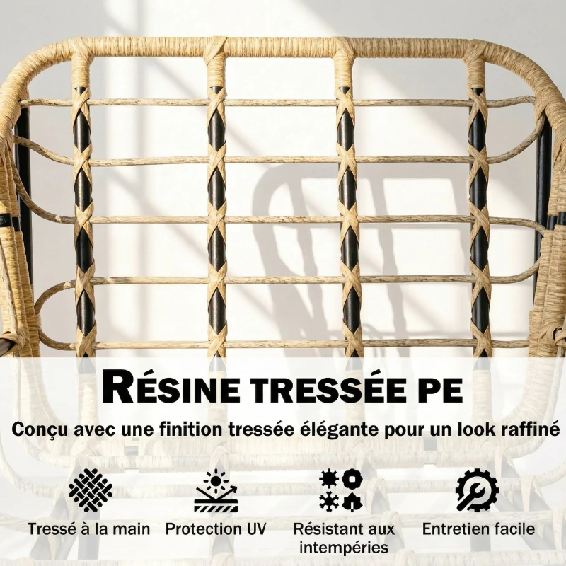 Outsunny Salon de Jardin Extérieur 3 Pièces en Résine Tressée, Table en Verre Trempé, 2 Fauteuils avec Coussins, 62x73x79cm, Kaki