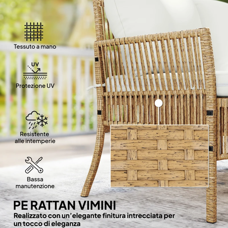 Outsunny Set da Giardino 3 Pezzi con Divanetto, Chaise Longue e Tavolino da Caffè, in Acciaio e Rattan PE, Crema