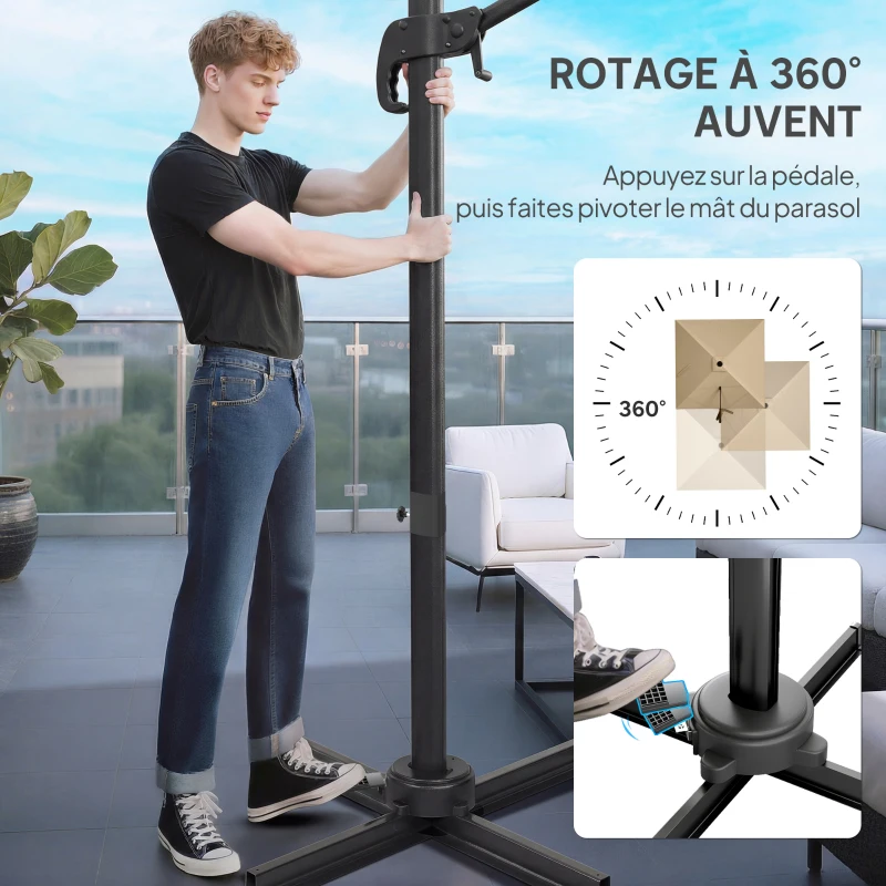 Outsunny Parasol déporté carré 3 x 3 m, parasol de jardin extérieur, rotation 360°, inclinable 5 positions, base en croix, kaki