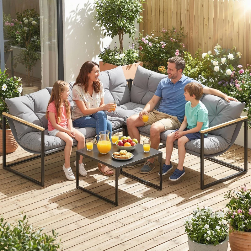 Outsunny Conjunto de Jardín Exterior con Cojines Gruesos 2 Sofás de 2 Plazas Sofá de Esquina y Mesa de Centro de Vidrio Gris