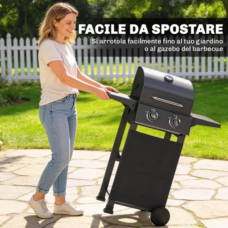 Outsunny Barbecue a Gas Propano con 2 Bruciatori, Portatile, Termometro, Nero