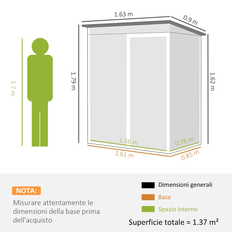 Outsunny Capanno Giardino Metallo 163x90x179 cm, Porta Chiudibile, Prese d'Aria, Grigio Scuro