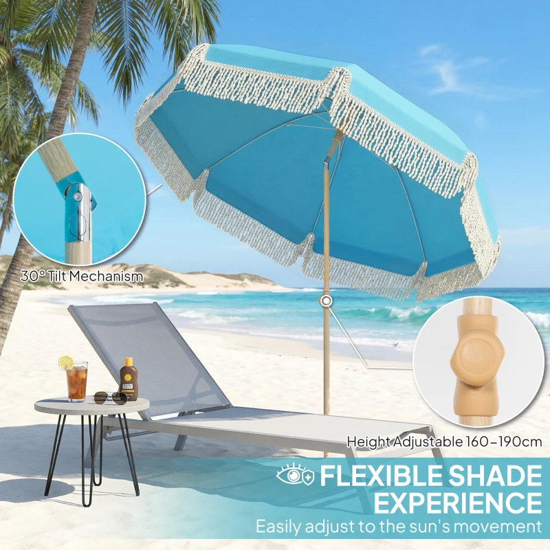 Outsunny 1.7 m Beach Umbrella with Sand Anchor, 30° Tilting Fringed Beach Garden Parasol with Adjustable Height, Grey