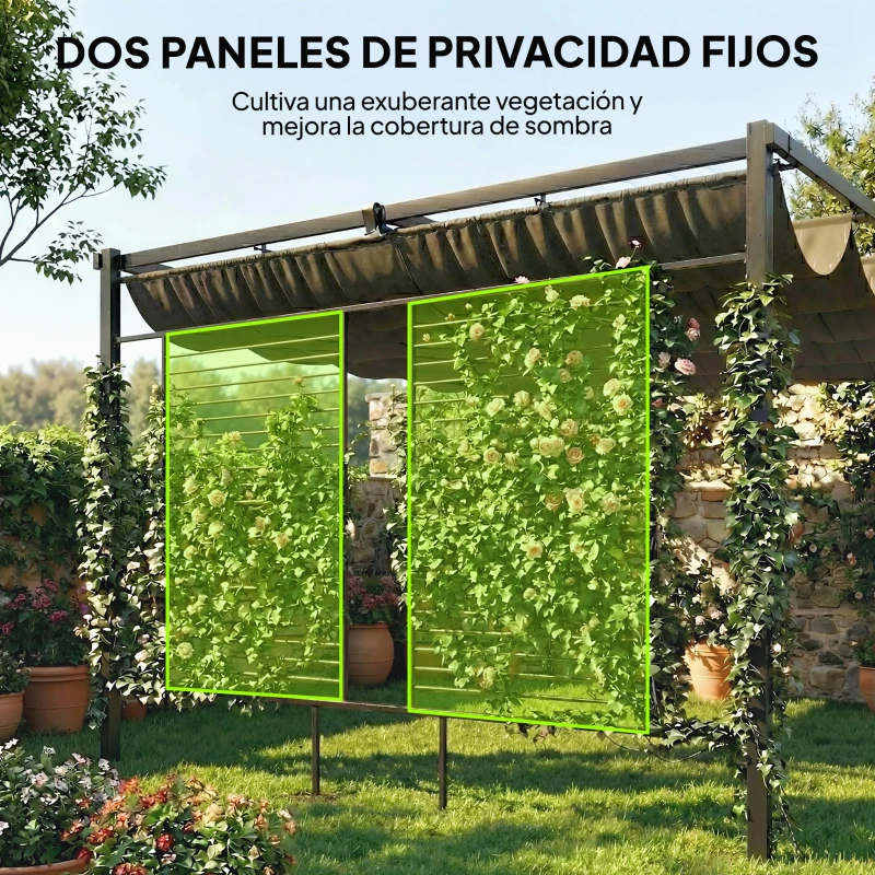 Outsunny Pérgola de Jardín 4x3 m con Techo Retráctil 2 Paneles de Privacidad UPF50+ Cenador de Jardín para Patio Exterior Gris