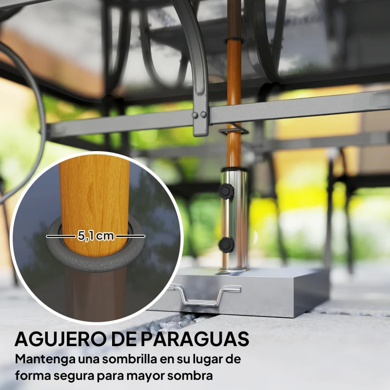 Outsunny Juego de Mesa y 6 Sillas para Terraza con Orificio para Sombrilla y Encimera de Cristal para Terraza Patio Gris