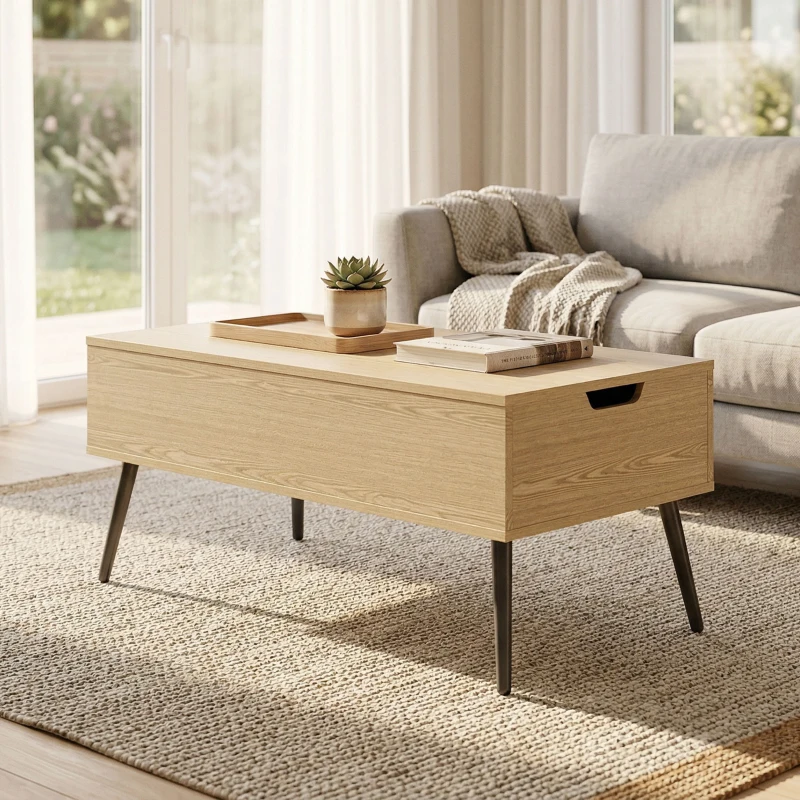 HOMCOM Mesa de centro elevable con doble tablero, mesa de salón con compartimento oculto y patas en metal, madera natural