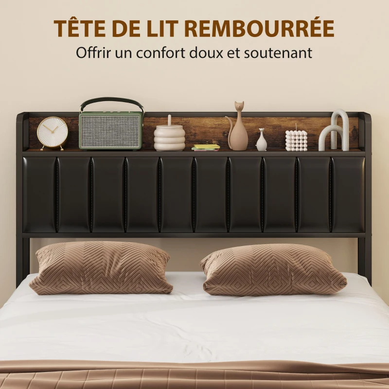HOMCOM Cadre de lit 140 x 190 cm avec sommier à lattes en métal, lit double rembourré avec 4 tiroirs et étagère, noir