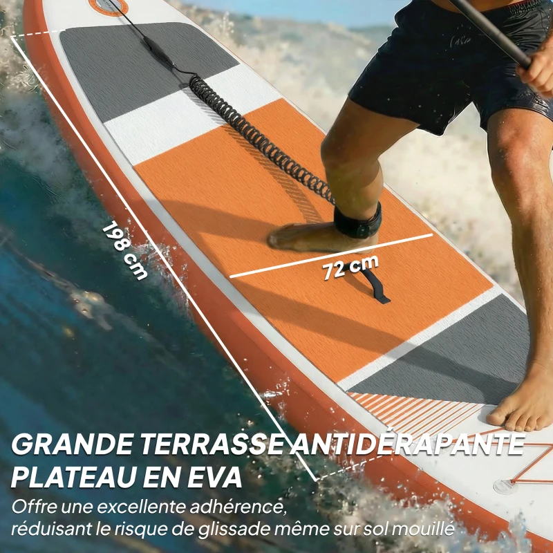 Outsunny Stand Up Paddle Gonflable Planche de SUP Pagaie Réglable Pompe et Sac 160kg pour Débutant et Famille 320x82cm Orange