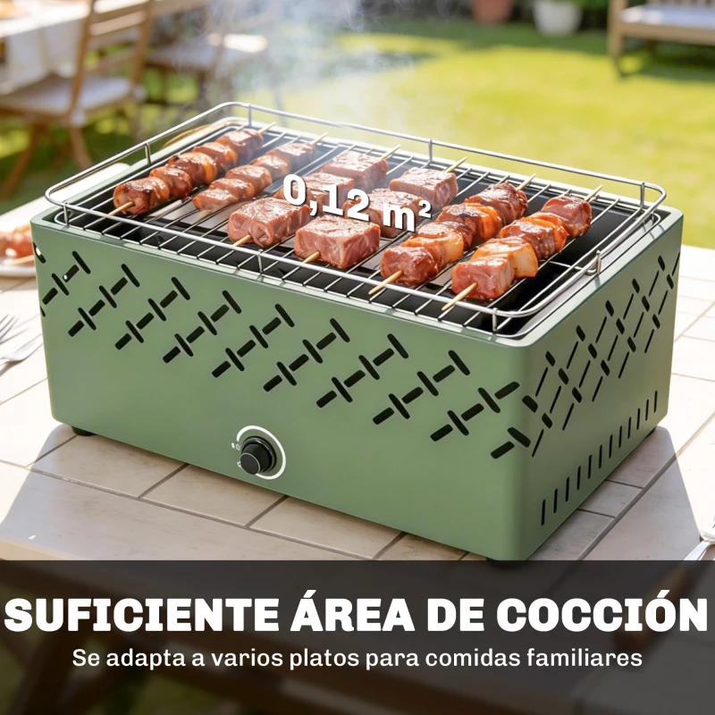 Outsunny Barbacoa de Carbón 45,5x29x21 cm con Ventilador Integrado Temperatura Ajustable y Bandeja de Carbón Verde Claro