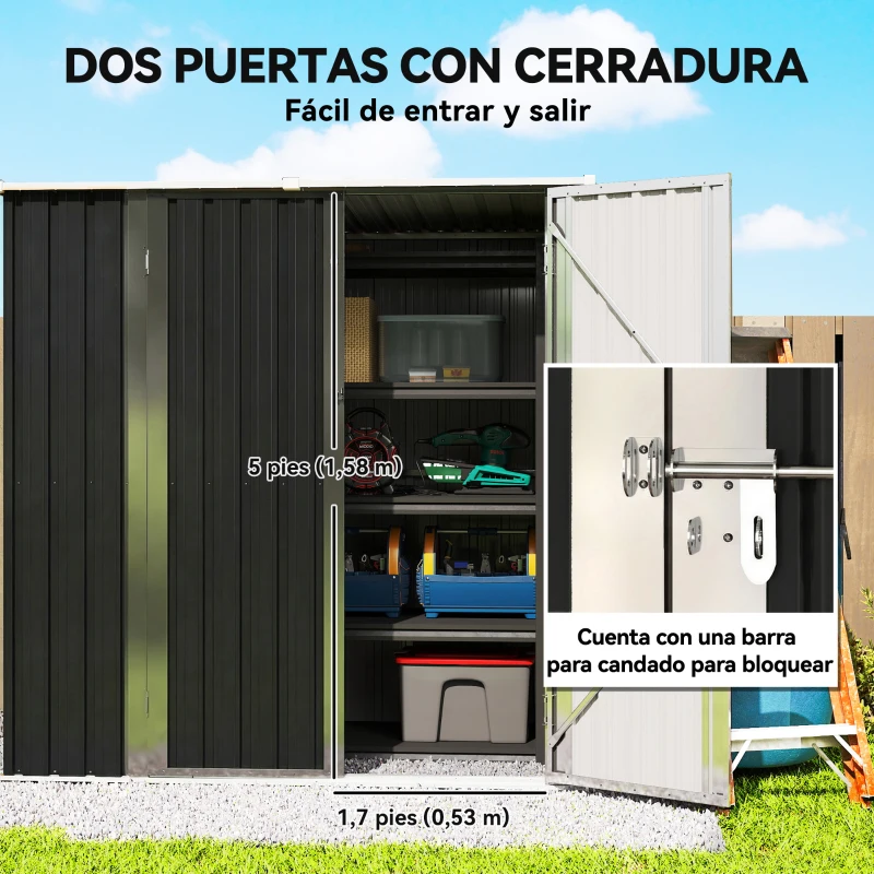 Outsunny Cobertizo de Jardín Exterior Metálico 1,37 m² 163x89x163 cm con Techo Inclinado, Puertas con Pestillo y Guantes Gris