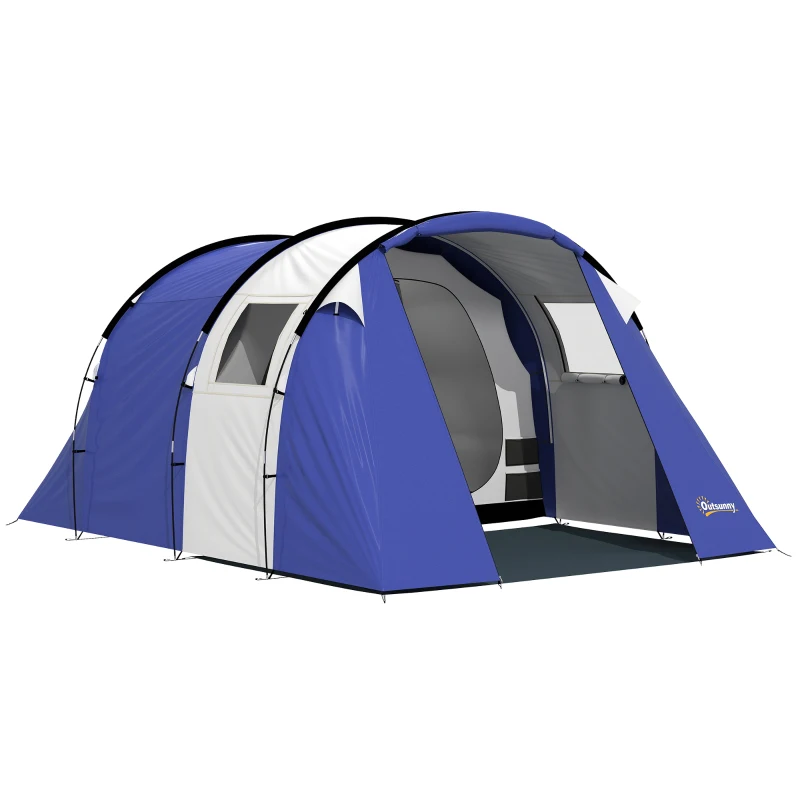 Outsunny Tente de Camping pour 4 Personnes, 2 Chambres, Imperméable 3000mm, avec Tapis de Sol et Sac, 420x300x200cm, Bleu Foncé
