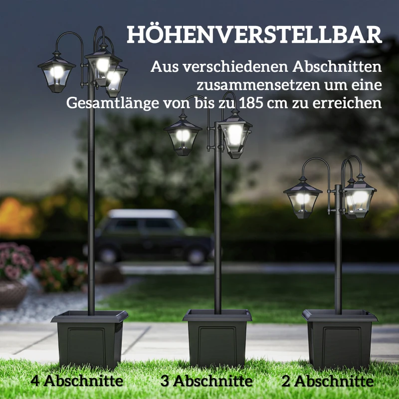 Outsunny Solar Laterne Stehleuchte mit Blumentopf 185cm Höhenverstellbar Außen Gartenlaterne mit 3 Lampenköpfe Lichtsteuerung