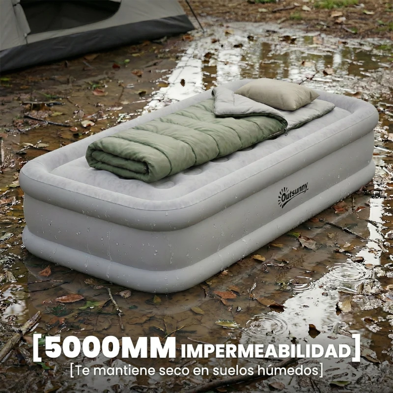 Outsunny Colchón Hinchable Individual Plegable con Bomba Inflado 3 Min Desinflado 2 Min Bolsa Carga 200 kg 190x97x39 cm Gris