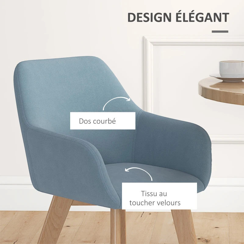 HOMCOM Lot de 2 chaises de salle à manger Fauteuil Assise rembourrée en tissu effet velours Pieds en bois, bleu