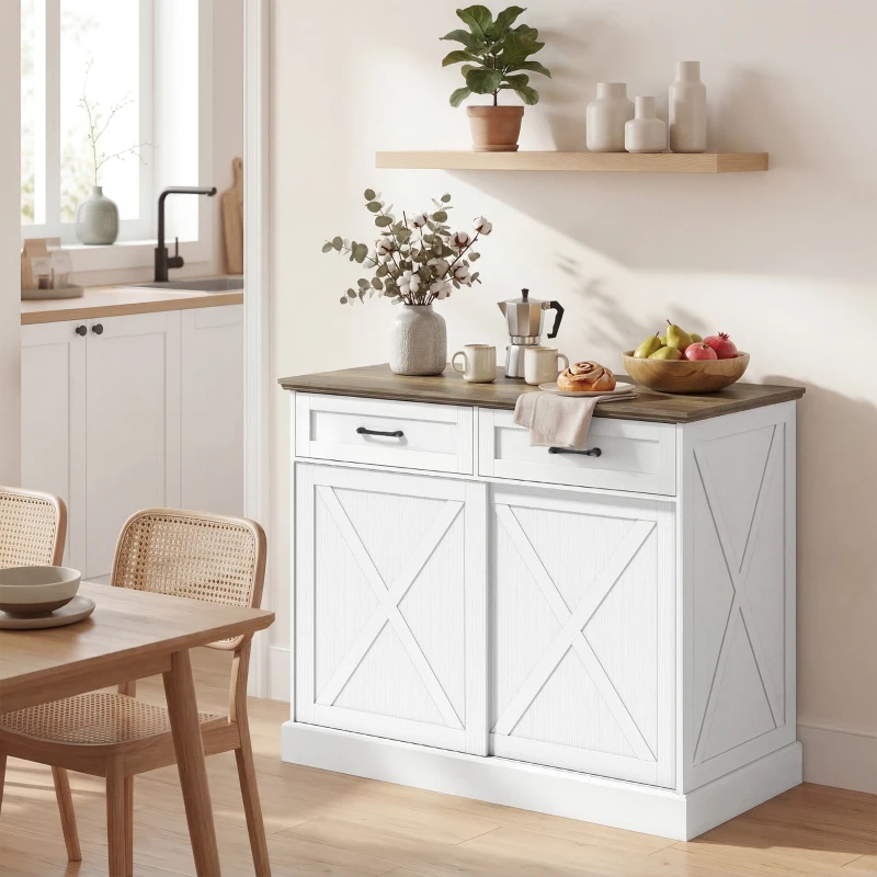 HOMCOM Ilha central de cozinha, buffet de cozinha, móvel de arrumação com 2 gavetas 2 portas deslizantes, prateleira ajustável, branco